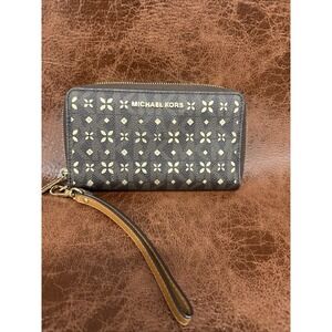 Michael Kors Leather Zip Around Wristlet Wallet Brown With Gold Accents